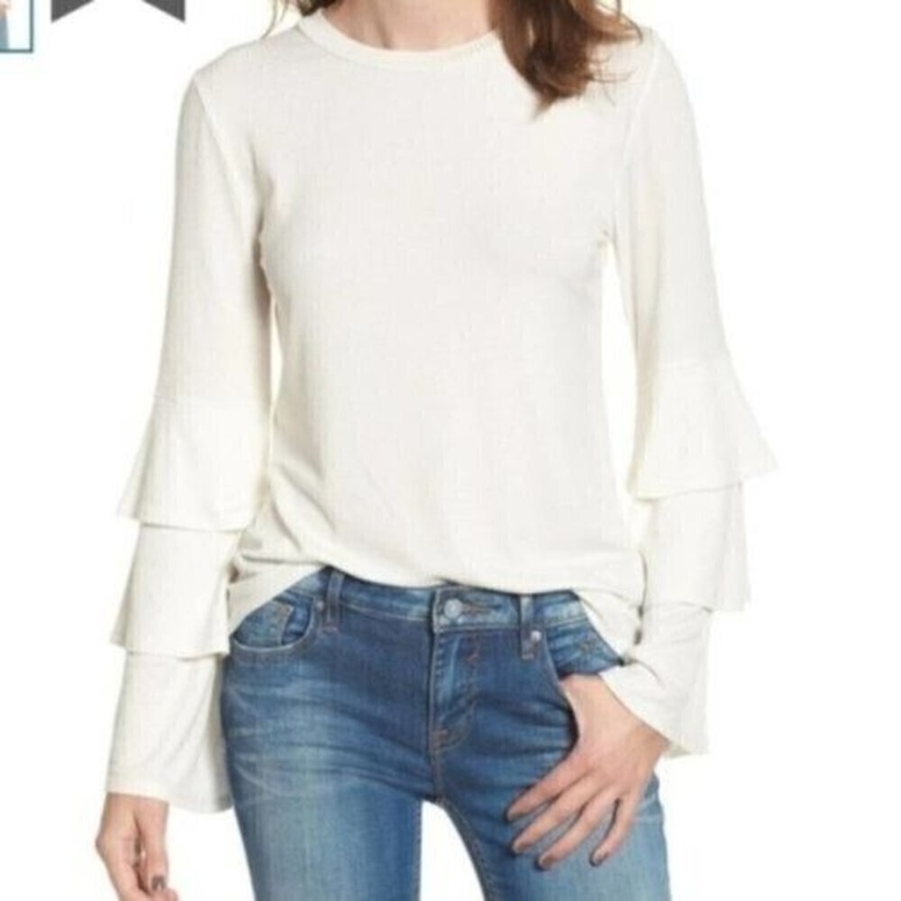 BP Ivory Ribbed Ruffle Sleeve Lightweight Sheer Sweater XS NWT